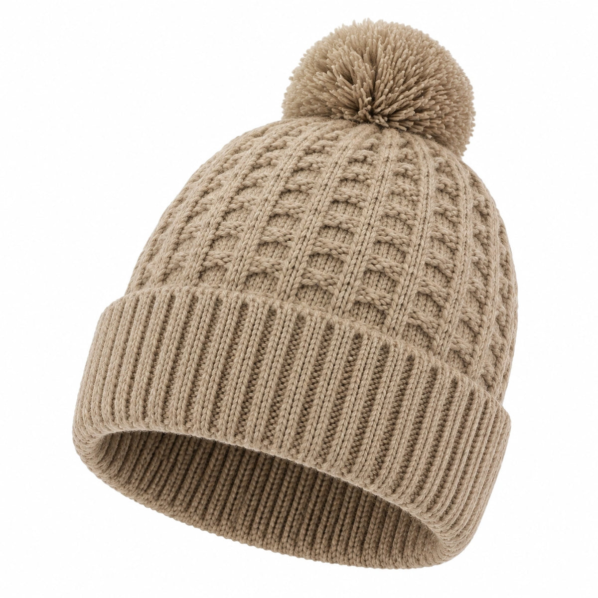 Berretto taglia unica in maglia beige con pompon stile invernale
