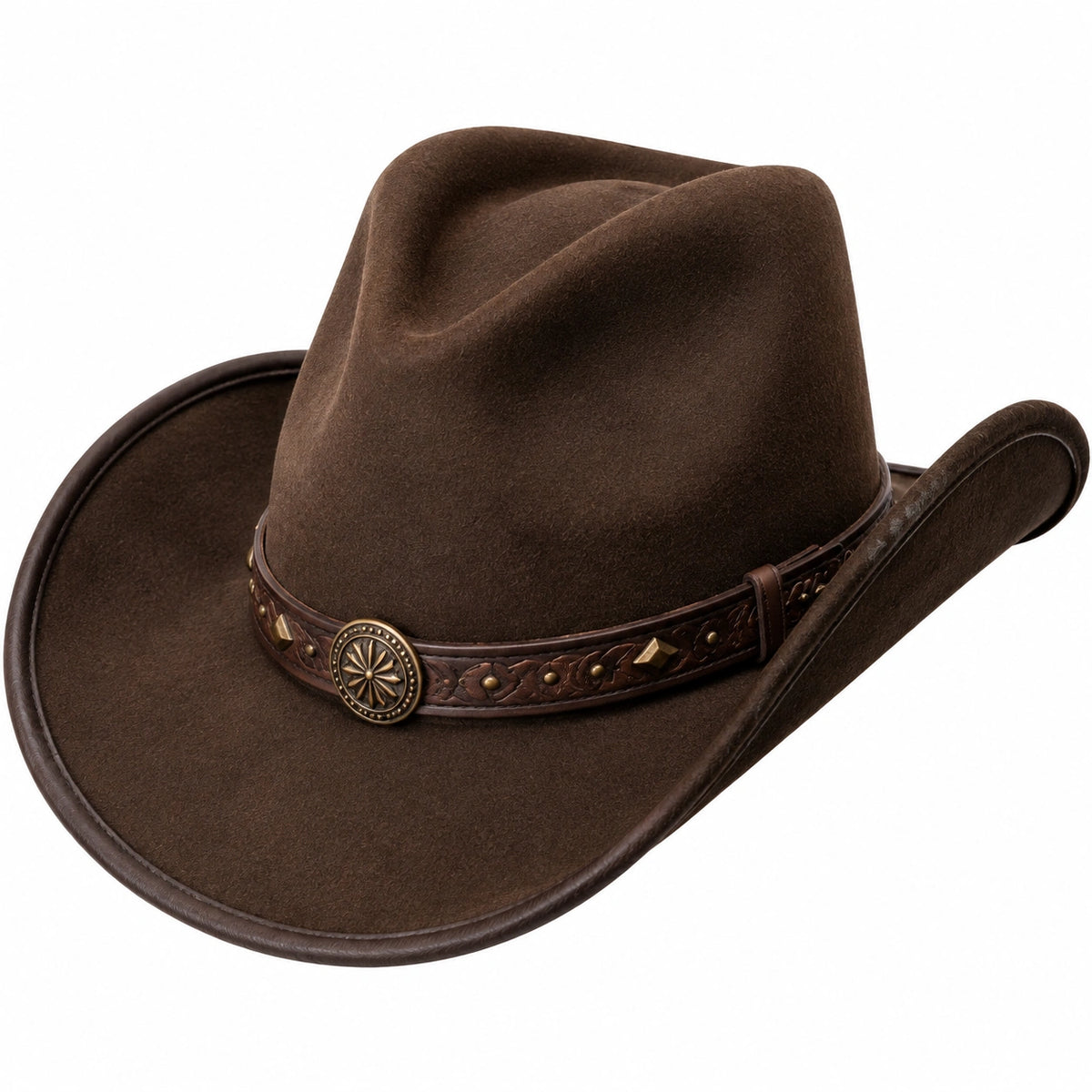 Cappello cowboy taglia unica marrone effetto camoscio con fascia decorativa regolabile