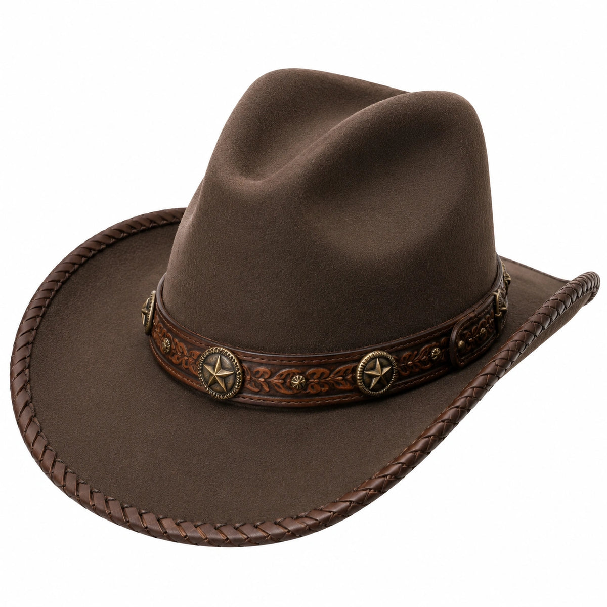 Cappello cowboy taglia unica marrone effetto feltro con fascia decorativa stile western