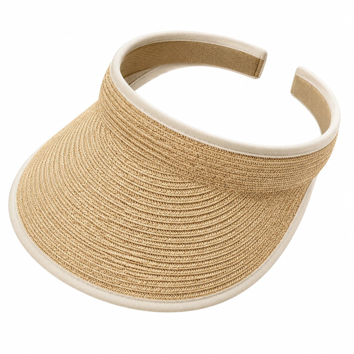 Visiera parasole taglia unica in fibra intrecciata beige con bordo tessile per uso estivo